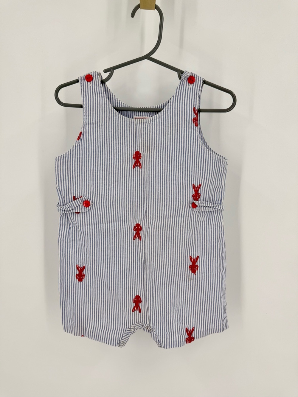 Cotton Kids 18M Lobster Seersucker Romper Blue White Embroidered